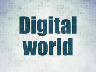 Data concept: Painted blue word Digital World on Digital Data Paper background