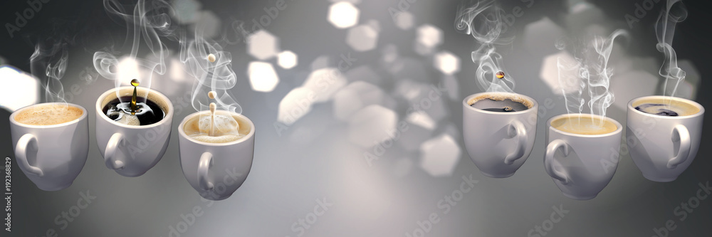 3d Lots of coffee cups floating in zero gravity. Soft slightly pink abstract background with blurred lights , cat eye bokeh with geometric hexagonal iris. Long horizontal format. - obrazy, fototapety, plakaty 