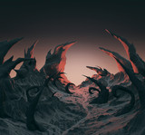 Fototapeta Przestrzenne - 3d rendering of horror landscape. Dry twisted spines, spikes sticking out of the dry stone ground. Evil demonic planet background for Halloween poster.