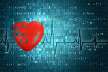 Wall Mural - pixelated red heart symbol and cardiogram on blue abstract technology background