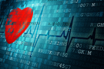 Wall Mural - pixelated red heart symbol and cardiogram on blue abstract technology background