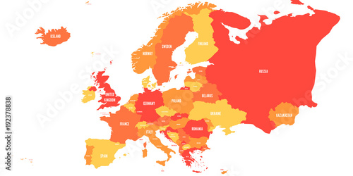 Obraz Dibond Polityczna mapa kontynentu europejskiego w czterech odcieniach pomarańczy z białymi etykietami nazwy kraju i na białym tle. Ilustracji wektorowych.