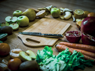 Wall Mural - cut fruits on the wooden table top view