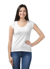 Wall Mural - Young woman in stylish t-shirt on white background. Mockup for design