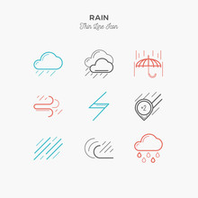 Rain, Downpour And More, Thin Line Color Icons Set, Vector Illustration