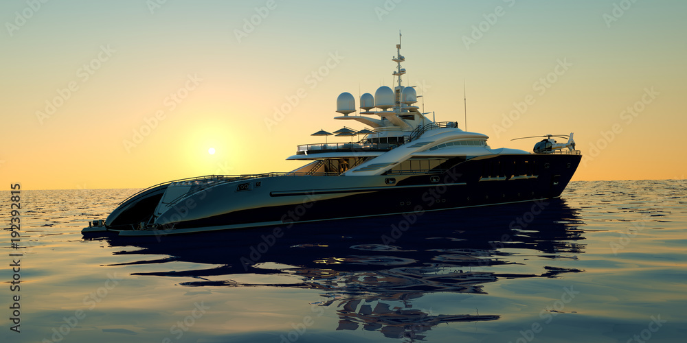 Extremely detailed and realistic high resolution 3D illustration of a luxury super yacht with a helicopter, a swimming pool and a jacuzzi - obrazy, fototapety, plakaty 
