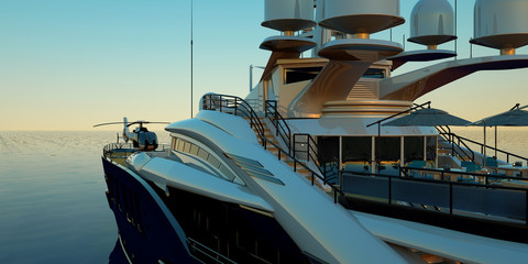 extremely detailed and realistic high resolution 3d illustration of a luxury super yacht with a heli