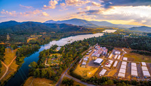 Aerial Panorama Of Goulburn River And Mountains At Sunset. Eildon, Victoria, Australia