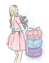 Set Of Multicolored Macaroons And A Beautiful Girl With A Bouquet Of Tulips. Sweet Dessert. Vector Illustration For A Postcard Or A Poster, Print For Clothes.