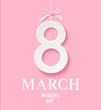 Happy Women's Day 8 March. Decorative white number 8 with pink bow. Vector illustration. International womens day design