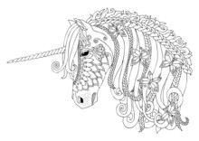 Unicorn With Butterflies. Hand Drawn Fantasy Horse. Sketch For Anti-stress Adult Coloring Book In Zen-tangle Style. Vector Illustration For Coloring Page. 