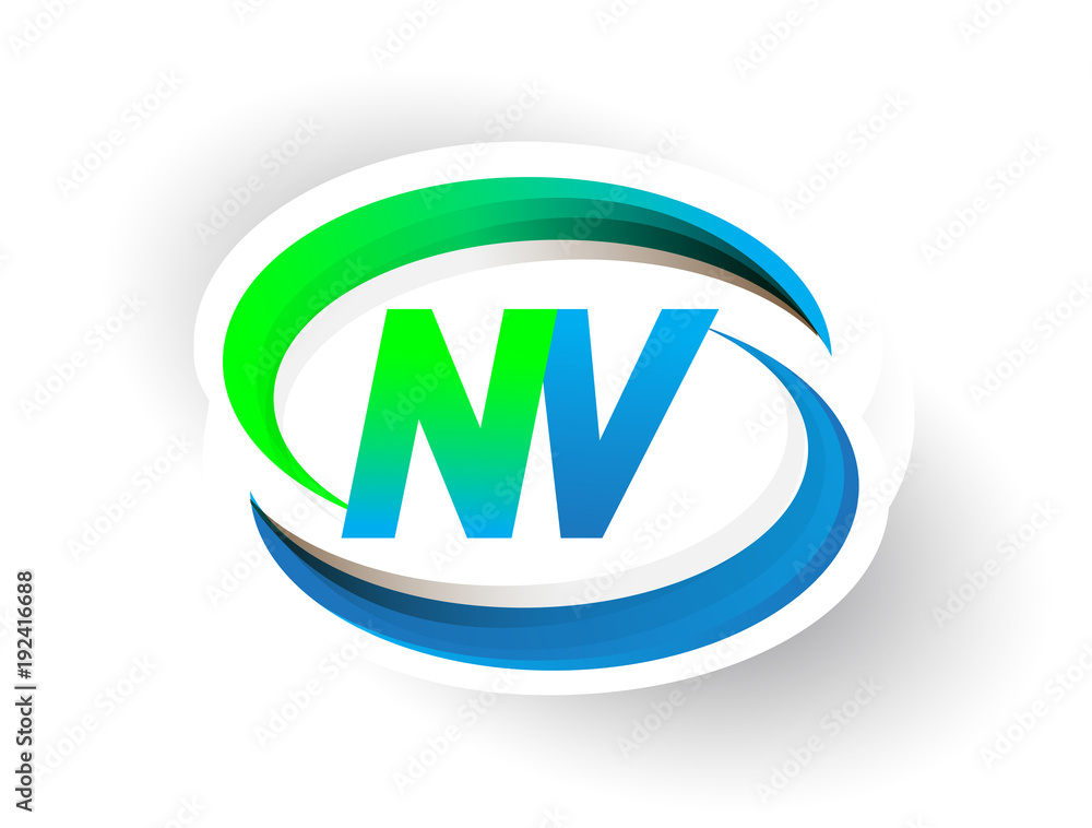 initial letter NV logotype company name colored blue and green