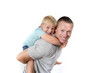 © Wordley Calvo Stock - young attractive and athletic father carrying on his back young beautiful and blond son having fun together posing isolated on white background