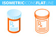The pill bottle. Isometric flat and outline icon set. The pharmacy, medicine, cure, drug, orange container line pictogram. Vector linear infographic element. The pharmaceutical 3d and outlined symbols