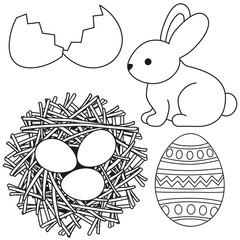 Wall Mural - Line art black and white easter icon set egg shell bunny chicken nest icon set.