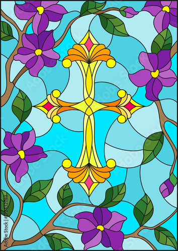 witraz-ilustracja-z-zoltym-chrzescijanina-krzyzem-w-purpurach-i-niebie