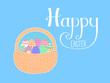 Hand written Happy Easter lettering with cute cartoon basket with eggs. Isolated objects on blue. Vector illustration. Festive design elements. Concept for greeting card, invitation.