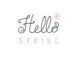 Hand written Hello Spring lettering with cartoon sun. Isolated objects on white. Vector illustration. Design concept for change of seasons.