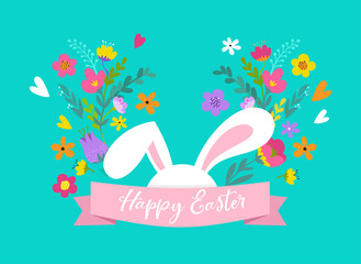 Wall Mural - Happy Easter, bunny with flowers design. Easter sale and greeting card holiday concept