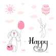 Hand drawn vector illustration of a cute cartoon bunnies with egg shaped balloons, Happy Easter lettering. Isolated objects. Vector illustration. Festive design elements. Concept for card, invitation.