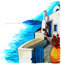 Greece Summer Island Landscape. Santorini Hand Drawn Square Vector Background. Picturesque Sketch. Ideal For Card, Invitation, Banners, Posters.