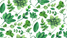 Green Leaves Pattern Watercolor. Summer Garden Background 