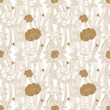 Peony Japanese Pattern Seamless Vector. Oriental Floral Background. Golden Vintage Flowers Print For Interior Home Wallpaper, Kimono Fabric, Woman Silk Scarf, Packaging Paper, Jacquard Textile.