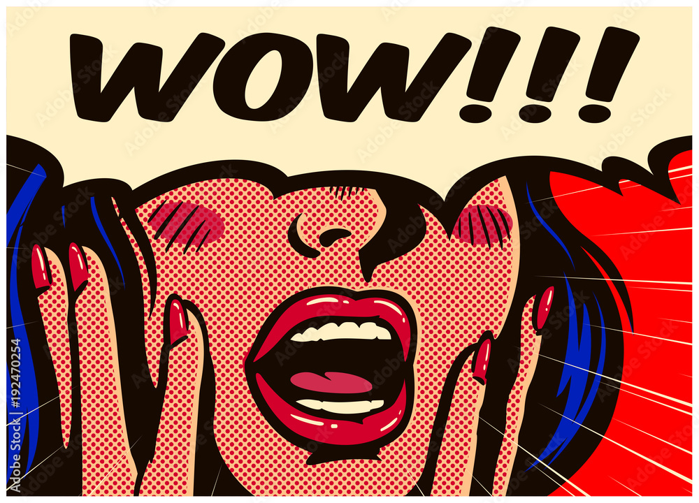 Retro pop art style surprised and excited comics woman with open mouth and speech bubble saying wow vintage vector illustration - obrazy, fototapety, plakaty 