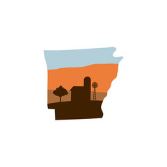arkansas state shape with farm at sunset w windmill, barn, and a tree
