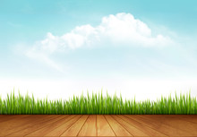 Nature Background With Green Grass And A Wooden Deck. Vector.