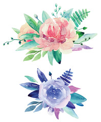 Watercolor floral bouquets clip art. Pink and purple flowers clipart