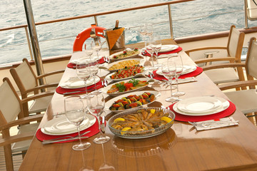 Buffet table on yacht.