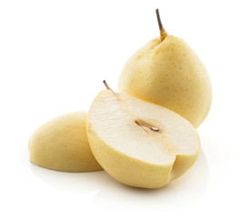 Nashi pears (Russet pear) isolated on white background one whole yellow and two section halves.