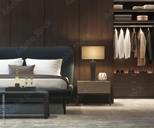 Modern Luxury Bedroom With Dark Wood Walk In Closet Closeup