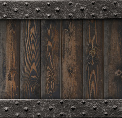 Poster - medieval background with old metal frame over wooden planks 3d illustration