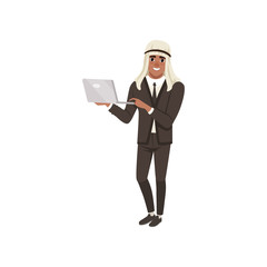 Sticker - Arabic businessman character standing with laptop, muslim man in formal wear vector Illustration on a white background