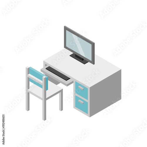 Set Of Furniture Working Table With Chair And Computer Isometric