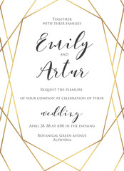 Wedding invite, invitation save the date card delicate design with elegant vector golden foil geometrical linear decorative art frame, border. Beautiful abstract concept. Trendy modern luxury template