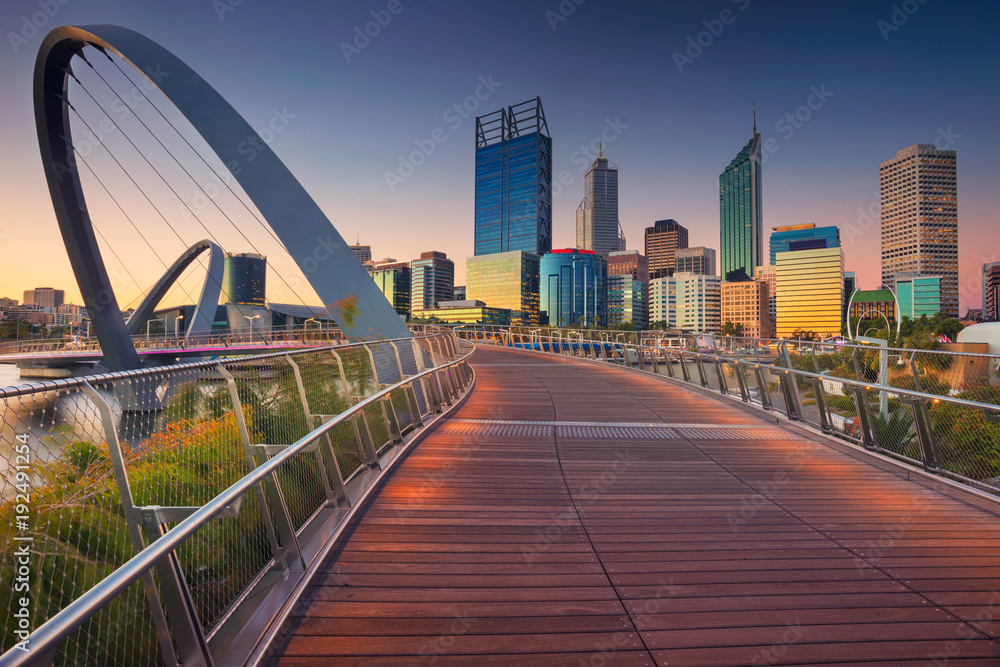 Perth. Cityscape image of Perth downtown skyline, Australia during sunset. - obrazy, fototapety, plakaty 
