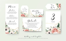 Wedding Menu, Information, Label, Table Number And Place Card Design With Elegant Lavender Pink Garden Rose, Anemone, Wax Flowers Eucalyptus Branches, Leaves & Cute Golden Pattern. Vector Template Set