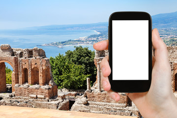 Poster - view of ruined Teatro Greco and Ionian Sea coast