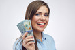 © Yuriy Shevtsov - Close up face portrait of smiling woman holding money dollar cas