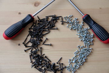 A working tool, a screwdriver and screws