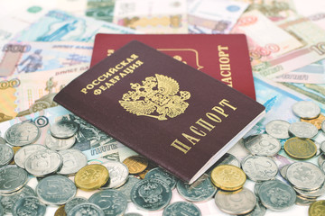 two russian passports on money background