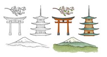 Mountain Fuji In Japan. Vintage Color Vector Engraving Illustration