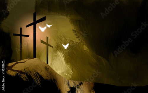 Fotografía Graphic Christian crosses of Jesus with spiritual doves / Simple, dramatic composition of the scene of Christ's ultimate sacrifice