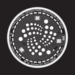 Crypto currency white coin with black iota symbol on obverse isolated on black background. Vector illustration. Use for logos, print products, page and web decor or other design.