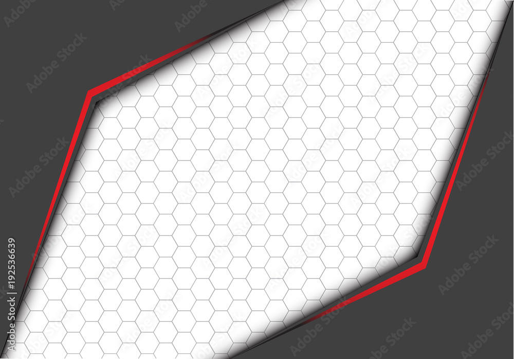 Abstract red line metallic gray arrow with hexagon mesh on white blank ...