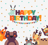Fototapeta Dinusie - Happy birthday - lovely vector card with funny cute animals and garlands