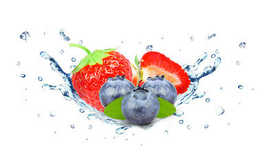 strawberry and blueberry water splash isolated on white